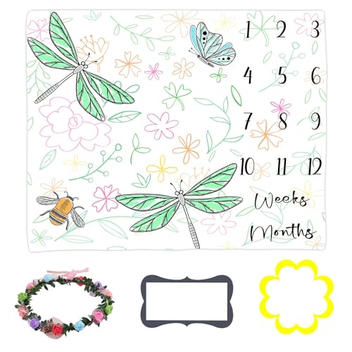 Image of LYLYCTY Dragonfly Baby Monthly Milestone Blanket Baby Growth Age Chart Baby Shower Blanket 48x40 Inch Newborn Mom Gift Nursery Decoration BTLSLY968