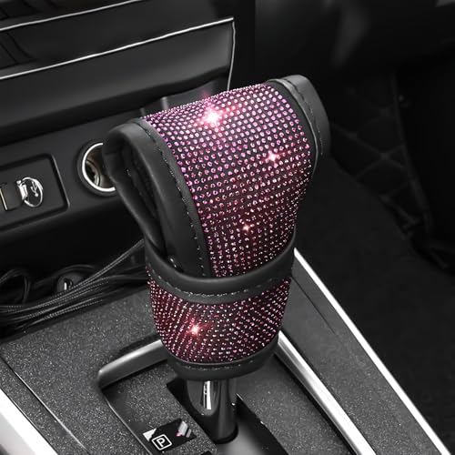 Hbxdeco Bling Auto Gear Shift Knob Cover, Car Knob Gear Stick Protector, Sparkly Crystal Rhinestones Gear Shift Knobs Cover for Women Girls, Universal Interior Decor Accessories (Pink)