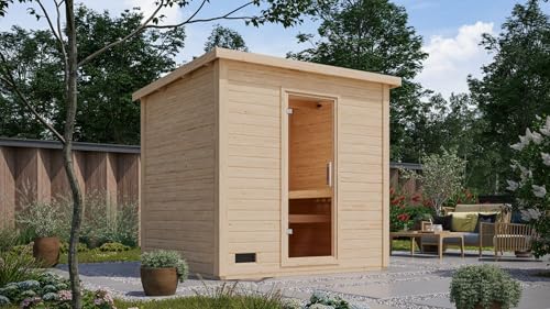 CHILLROI Saunahaus Kaapi 4 Außensaun 38mm Wandstärke in natur oder terragrau mit versch. Saunaöfen (inkl. Ofen 9 kW integr. Strg., terragrau)