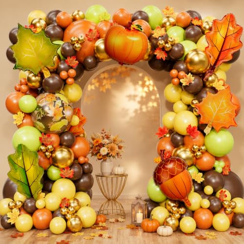 BBeipulas 158PCS Fall Balloon Arch Kit-Fall Color Balloons with Pumpkin Acorn & Maple Leaf Foil Balloons for Thanksgiving Friendsgiving Harvest Festival Autumn & Fall Birthday Party Decorations