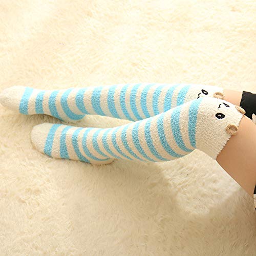 Image of Girl's Leg Warmers Soft Warm Animal Coral Fleece Thigh High Long Striped Socks