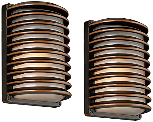 John Timberland Bronze Grid 10" High Outdoor Wall Light Set of 2 - John Timberland