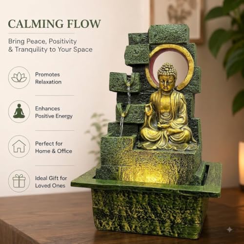 Image of G - Creations : Waterfall | Fountain | Buddha Waterfall Statue |Water Fountains for Outdoor Living Room, Office, Garden & Table Top Waterfall Indoor Home Decor Indoor Green & Black