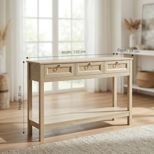 Image of Console Table for Entryway, 3 Drawers Console Table with Storage, Brown Wooden Console Table with Real Rattan & Gold Handles, Modern Console Tables for Living Room Decor, Bedroom, Hallway | DIY