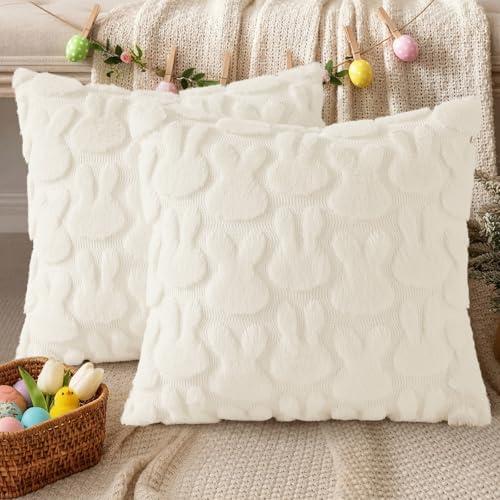 Image of decorUhome Easter Bunny Pillow Covers 16x16 Inch Set of 2, Soft Plush Faux Wool Jacquard Cream White Rabbit Cushion Covers, Farmhouse Neutral Spring Easter Holiday Decor for Couch Sofa Bed