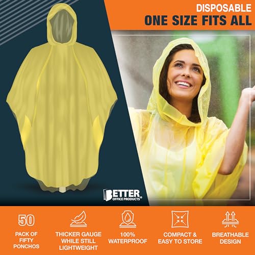 Image of Better Office Products Disposable Yellow Rain Ponchos with Hood for Adults (Thicker Gauge), Emergency Ponchos, Lightweight