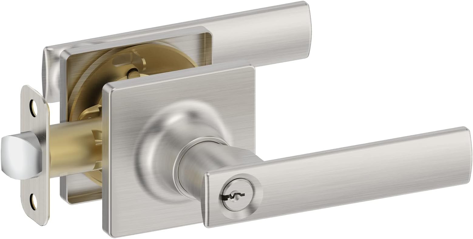 BAOLONG Square Entry Door Levers Locksets in Brushed Nickel,Door Knob with Lock for Bedroom or Front Door Interior Heavy Duty Door Handle.