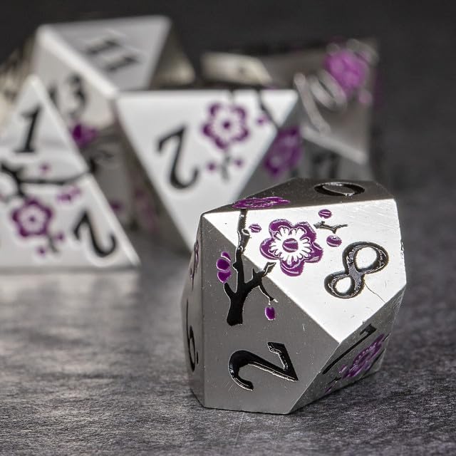 Sage's Portal Petrified Flowers Metal DND Dice 7 Piece Polyhedral Dice Set for DND TTRPG Dungeons and Dragons Pathfinder (Silver/Purple)