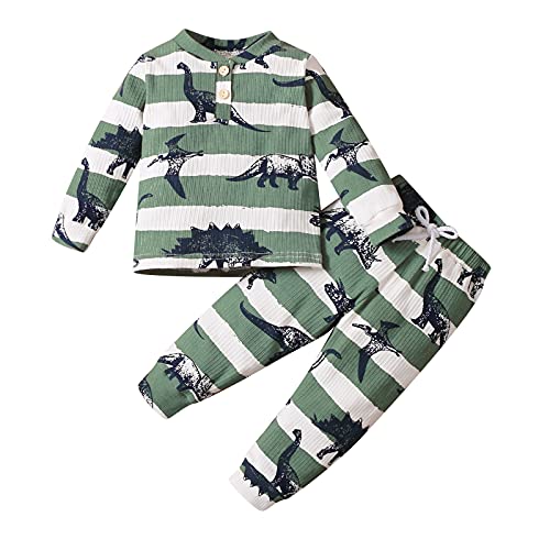 Infant Baby Boy Girl Dinosaur Clothes Set Animal Cotton Top Pants 2Pcs Toddler Outfits Unisex Baby Playwear (Button Down Green Long Sleeve Dinosaur Suit, 12-18 Months)