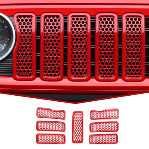 Image of JeCar Front Grille Inserts Mesh Grill Frame Trim Covers Exterior Accessories Compatible with Jeep Wrangler 2024 JL JLU & Gladiator JT 2024, Red