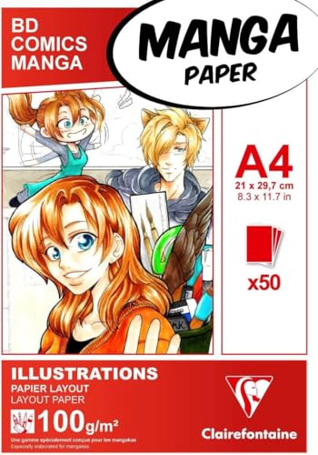 Clairefontaine 94042C Bloc Encollé Papier Manga et Illustration - 50 Feuilles Blanc Extra Lisse A4 21x29,7 cm 100g - idéal pour le Dessin au Feutre à Alcool