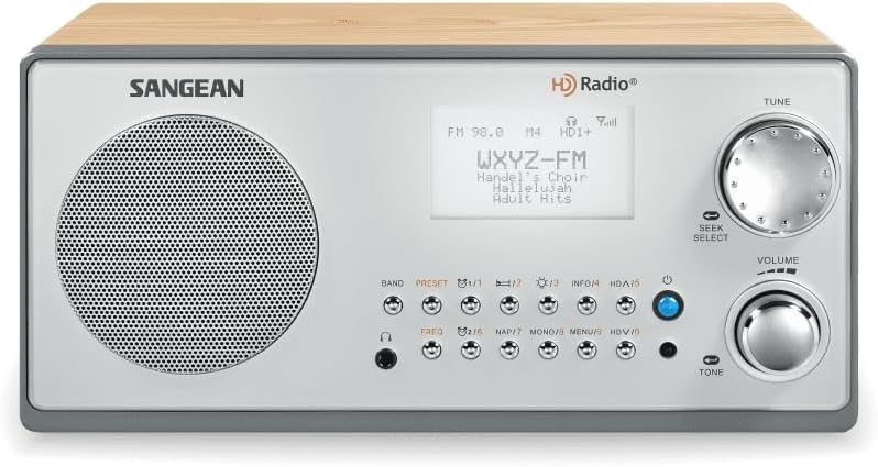 Sangean HDR-18 HD Radio/FM estéreo/AM Gabinete de madera Mesa Radio plata