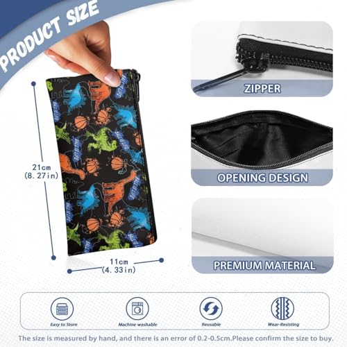 Image of Basketball Dinosaur Pencil Case for School Black Pen Holder for Toddler Kindergarten Wear Resistant Pencil Pouch with Zipper Closure for Little Boys