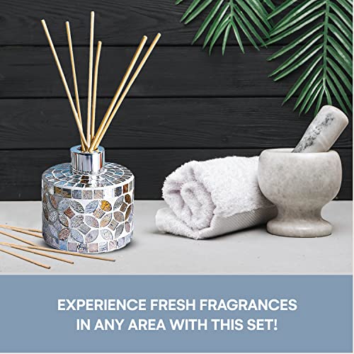 Whole Housewares | Mosaic Glass 6 Ounce Oil Diffuser With 10 Pcs Reed Sticks Set Of 2 | Natural Reed Diffuser Sticks | Cheerful Gift Idea | 3.15 X 3.15 Inch Bottles With Silver Cap #TOP2