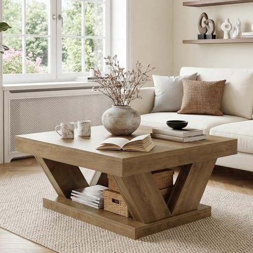 LITTLE TREE Coffee Table, Farmhouse Coffee Table with Large Storage Shelf, 2-Tier Rustic Wood Modern Center Table for Living Room、Home Office, Rustic Brown