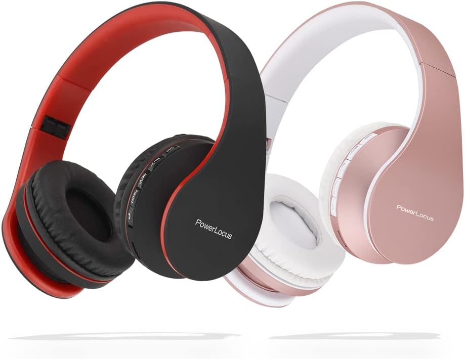 PowerLocus Rose Gold Bluetooth Headphones with Black/Red Bluetooth Headphones