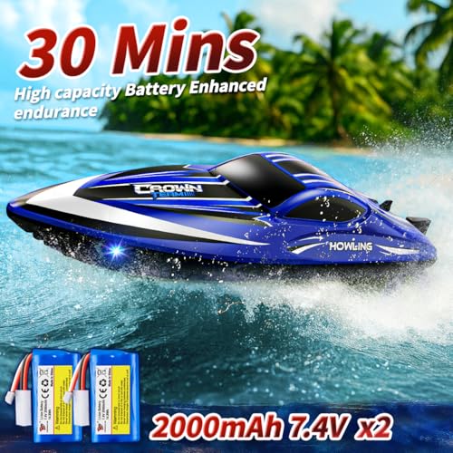 Ferngesteuertes Boot 35 km/h RC Boot, wasserdicht,2,4 GHz Fernsteuerung, LED, Flip-Funktion, Wasserkühlung, Akku- & Reichweitenalarm, 2 Batterien, für Kinder & Erwachsene, ideal für Pool & See