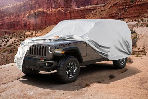 Image of Kayme 6 Layers Car Cover Custom Fit for Jeep Wrangler 4 Dr /Unlimited 4 Door JK JL, Waterproof All Weather for Automobiles, Outdoor Full Cover Rain Sun UV Protection.Silver