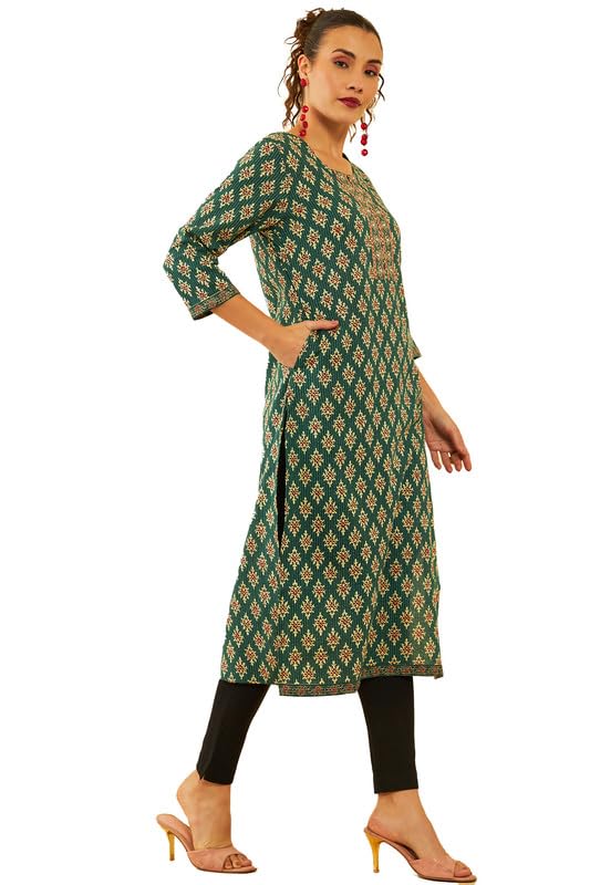 Image of Soch Womens Green Cotton Ajrak Printed Straight Kurta with Embroidery Details