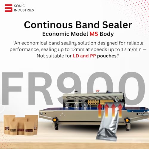 Image of FR900 Horizontal Band Sealer for Food Packet Packing Economic Model | 220V /50HZ, 5-12mm Sealing Width, 5-15mm Seal Speed, Durable Mild Steel Body, Easy to Use for Plastic Bags, Pouches