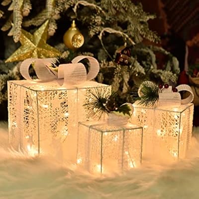 Bstge Christmas Lighted Gift Boxes, Set of 3 Christmas Decorations for Home, Light up Christmas Ornaments, Warm White LED with Bows for Indoor Party Holiday, Christmas Decor(Star)