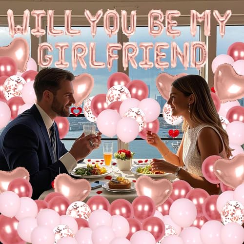 Image of Pink Will You Be My Girlfriend Balloons - Valentines Day Balloons Kit, Pink Heart Balloon with 200pcs Rose Petals, Valentines Day Romantic Decorations Special Night (WILL YOU BE MY GIRLFRIEND)