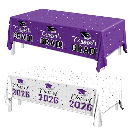 Image of 2026 Graduation Decorations,Congrats Grad Tablecloth 2pcs White Purple Class of 2026 Table Covers Rectangle for Graduation Party Supplies,108x54inch(Purple)