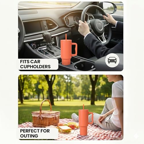 Image of Personalised 1200ml Insulated Stainless Steel Tumbler with Handle and Straw Lid - Large Travel Mug for Coffee & Water, Double Wall Vacuum Cup, Car Cupholder Friendly (Rusty Peach)
