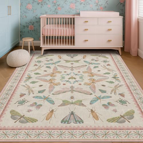 Image of Hazo Haus Washable 5x8 Light Pink Rug for Bedroom - Pink Boho Girl Nursery Rug, Living Room, Nature Insect Bug Print Home Decor