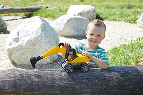 Lena 04411 Truxx Bagger, Baustellenfahrzeug ca. 44 cm, robuster Schaufelbagger mit beweglichem Baggerarm und vollbeweglicher Spielfigur, Sandbagger für Kinder ab 2 Jahre, Spielfahrzeug in gelb