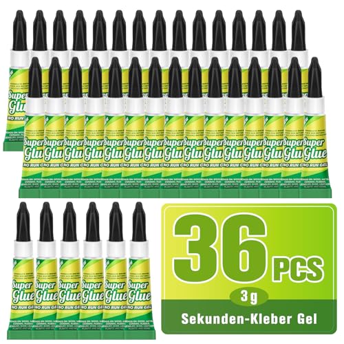 Superpegamento extra fuerte de gel – 36 × 3 g Super pegamento impermeable y transparente, rápido – para todo tipo de madera, plástico, zapatos, porcelana, maquetas, para reparaciones en el hogar
