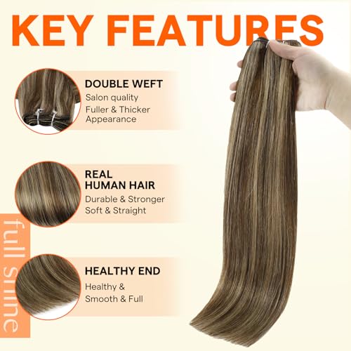 Image of Full Shine Weft Hair Extensions, Brown Sew In Extensions Remy Hair 16 Inch | 105G Sew In Remy Hair, Color Medium Brown Highlight Honey Blonde, Straight Hair Weft, Add Length And Volume, Office Styling