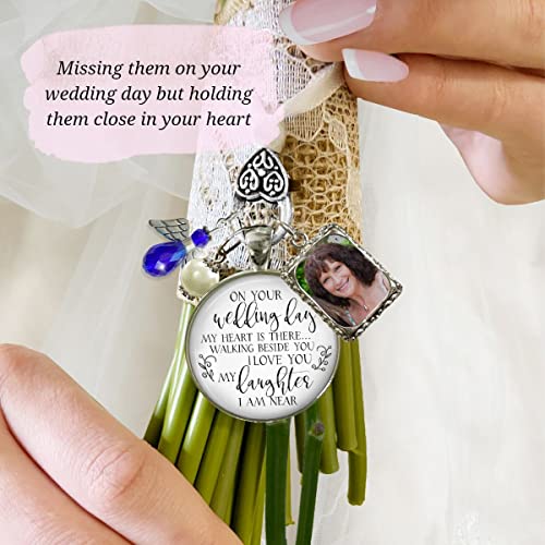 Image of Bouquet Photo Charm Wedding Memory Something Blue Angel - I Know You'd Be Here If Heaven Honor Love One, Silver Finish Handmade Bridal Jewelry White Glass Pendant 2 Frames Gift Message & Box for Bride