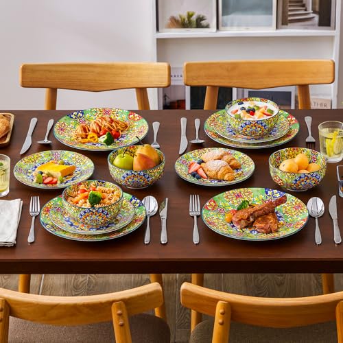 Image of vancasso 12 Pieces Dinnerware Sets, Green Plates and Bowls Set, Porcelain Dishes Set for 4, Microwave and Dishwasher Safe, Scratch Resistant, Bohemian Style Dining Ware Service for 4, Series SIMI