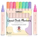 CUHIOY Chalk Pens for Glass Washable, 8 Pack Chalkboard Markers Colour, Wipeable Pastel Chalk Markers Fine Tip for Blackboards, Mirror, Window, and Bistro - 6mm Reversible Bullet & Chisel Tip