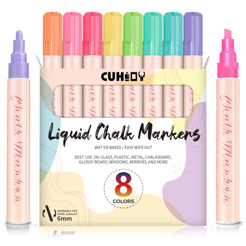 CUHIOY Chalk Pens for Glass Washable, 8 Pack Chalkboard Markers Colour, Wipeable Pastel Chalk Markers Fine Tip for Blackboards, Mirror, Window, and Bistro - 6mm Reversible Bullet & Chisel Tip