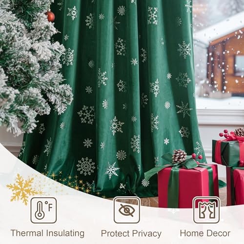 Image of Beauoop Christmas Green Velvet Curtains 96 Inches Long 2 Panels for Bedroom Living Room Silver Snowflake Holiday Decor Thermal Insulated Room Darkening Rod Pocket Window Treatments Drapes, 52X96