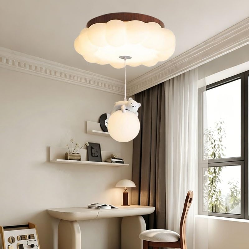 Trutipon LED Cloud Bear Ceiling Light for Kids Room Modern Cartoon Style Stepless Dimmable Ceiling Lamp with Remote Control Walnut Texture Pendant Light Perfect for Boys Girls Infants and Bedrooms(A)