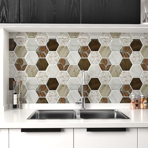 Wallercity Brown Hexagon Peel and Stick Backsplash for Bathroom Kitchen Boho Stick on Backsplash Vinyl 3D Self-Adhesive Tile Stickers for Back Splashes Laundry Room RV 10-Sheets Wall Tiles 12''x12''