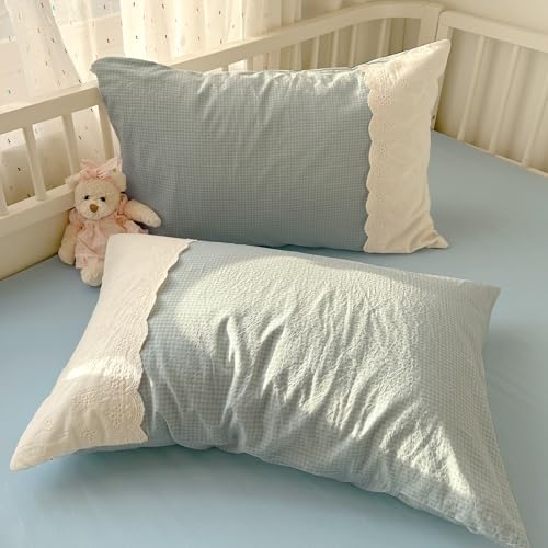Image of VM VOUGEMARKET Blue Plaid Duvet Cover Set Queen Romantic Lace Duvet Cover with 2 Pillowcases Sky Blue Gingham Comforter Cover for Teen Girls