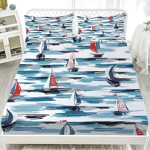 Sabana Bajera 180x200 Salpicadura Sabanas Bajeras Estampadas Velero Sábana Bajera Ajustable Suaves, Elastico Funda Colchon con 2 Funda Almohada 50x80 cm, para Colchón de 30cm de Altura
