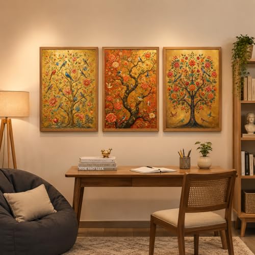 Image of Artify Set of 3 Floral Tree Birds Wall Painting for Living Room Bedroom Study Office Decor, Premium Wooden Synthetic Frame Luxury Artwork Gift