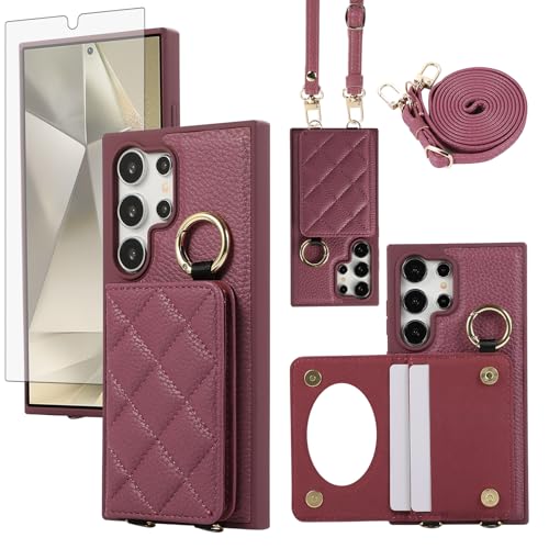 Asuwish Phone Case for Samsung Galaxy S25 Ultra 5G Wallet Cell Cover with Screen Protector Mirror Credit Card Holder Stand Crossbody Lanyard Shoulder Strap S25Ultra 25S S 25 25Ultra 6.9 2025 Burgundy