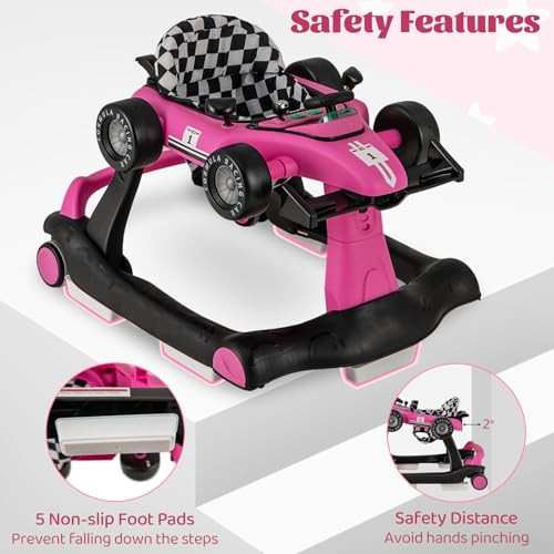 Image of GLACER Foldable Baby Walker, 4-in-1 Infant Walker with Adjustable Height & Speed, Music, Light, Steering Wheel & Washable Cushion, Baby Walker Activity Center for Boys Girls 6 -18 Months (Pink)