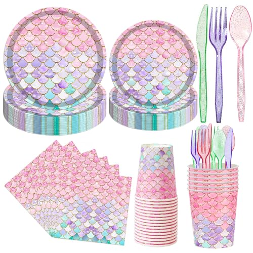 AWLZJZQA 168 PCS Little Mermaid Birthday Decorations Serve 24 Guests the Under the Sea Princess Birthday Party Decor Party Supplies Tableware Paper Plates and Napkins Cups Cake Pan for Girls Baby