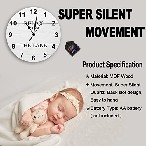 Relax You're At The Lake Wall Clock Retirement Clock Tuscan White Wood Floor 15 Inch Wall Clocks Battery Operated Silent Rustic Cabin Wall Home Decor For Kitchen Bedroom Living Room Office #TOP5