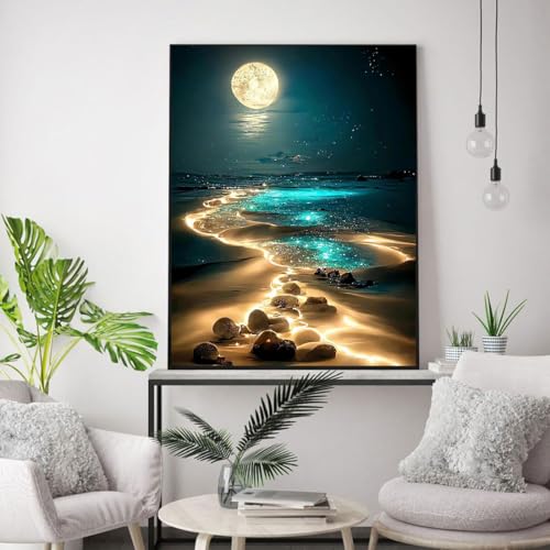 Wusarply J059 Moonlight Stamped Cross Stitch Kits - Beach Night Landscape Counted Cross Stitch Kits For Beginners Adults Needlepoint Cross-Stitch Patterns Dimensions Needlecrafts Embroidery Kits Arts And Crafts thumb #2