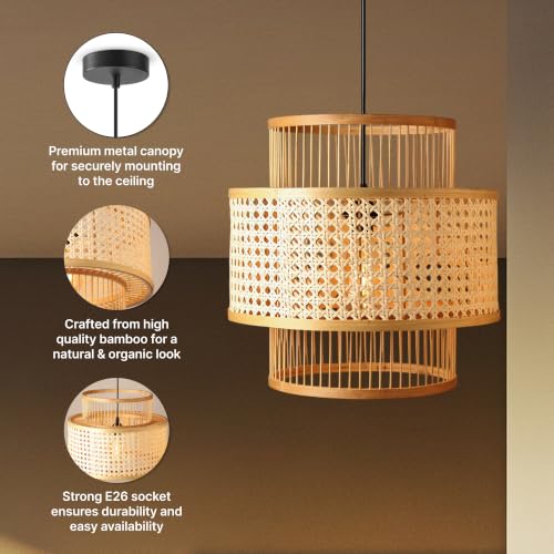 Image of Habere India-All the Cultures Fabricating India Bamboo Hanging Lights for Living Room | Bamboo Ceiling Lights for Hall | Pendant Lamps for Balcony (Diameter 36 x Height 36 cm)
