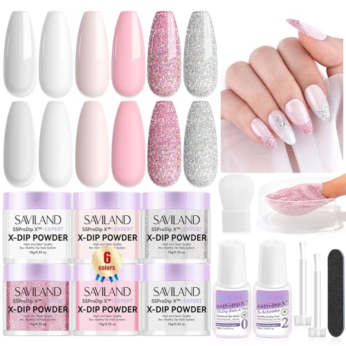 SAVILAND Dip Powder Nail Kit: 6 Classic Colors Dip Nails Powder Starter Kit with Vitamin Castor Oil Dip Base & Top Activator Pink Glitter Clear Keratin Dip Nail Kit For French Nail Art Manicure Salon
