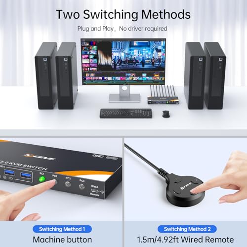 Image of KCEVE USB 3.0 KVM Switch 4 Computers 1 Monitor HDMI 8K@60Hz, 4K@144Hz, KVM Switch 4 Port for 4 Computer Share Keyboard Mouse, Power Adapter, Wired Remote(8K HDMI 4 in 1 Out KVM)